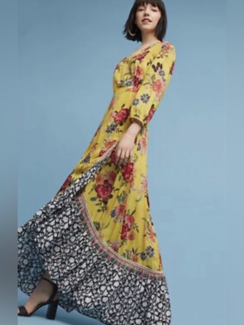 Farm Rio Yellow Floral Wrap Maxi Dress with Contrast Hem XS